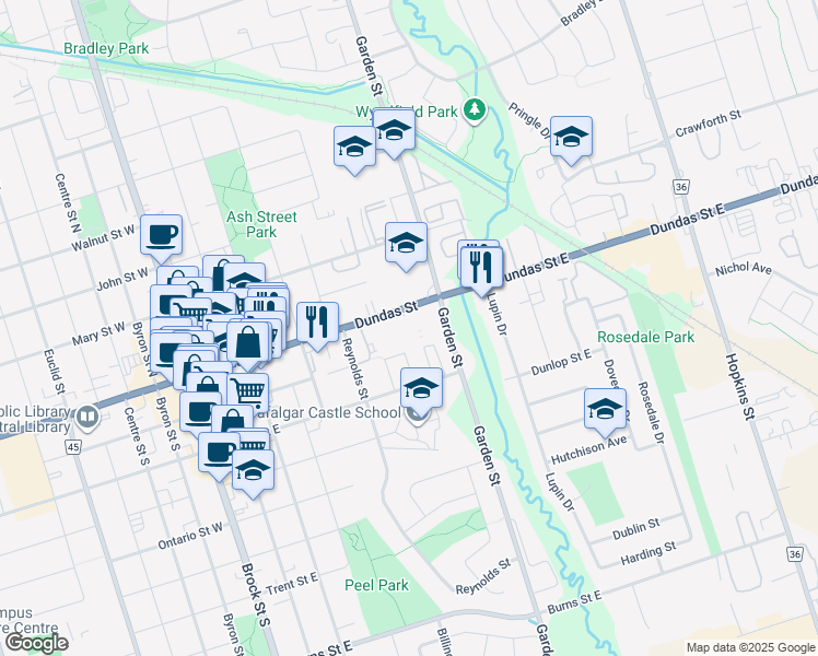 map of restaurants, bars, coffee shops, grocery stores, and more near 601 Dundas Street East in Whitby