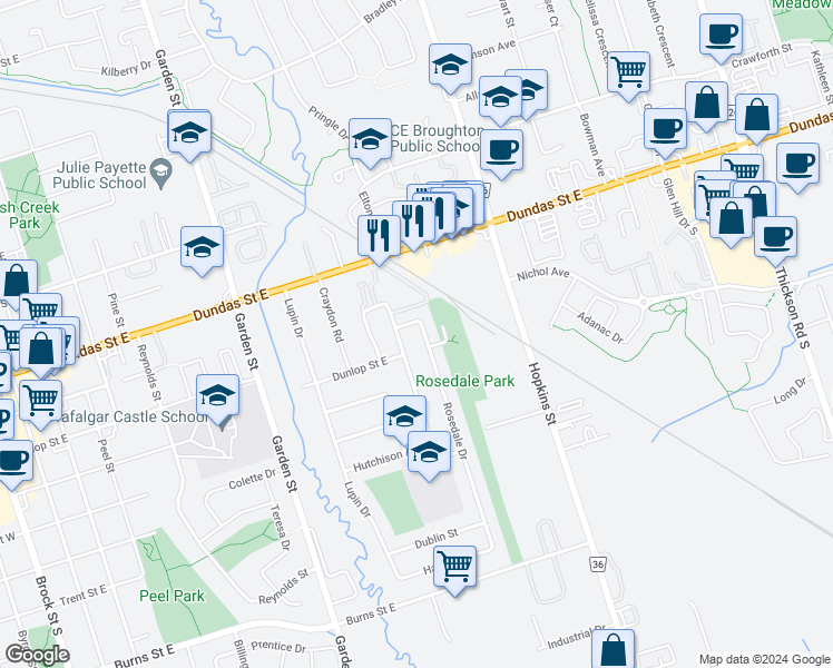 map of restaurants, bars, coffee shops, grocery stores, and more near 220 Rosedale Drive in Whitby