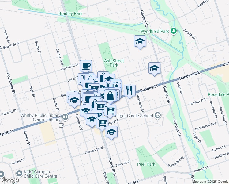 map of restaurants, bars, coffee shops, grocery stores, and more near in Whitby