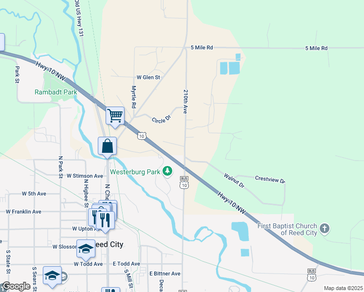map of restaurants, bars, coffee shops, grocery stores, and more near 4502-4542 210th Ave in Reed City