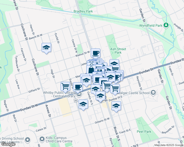 map of restaurants, bars, coffee shops, grocery stores, and more near 105 Mary Street West in Whitby