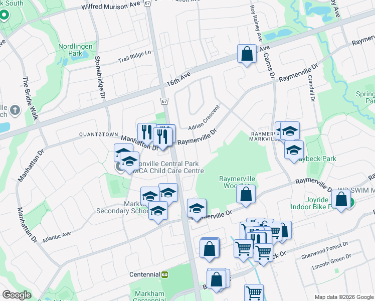 map of restaurants, bars, coffee shops, grocery stores, and more near 9 Marion Crescent in Markham