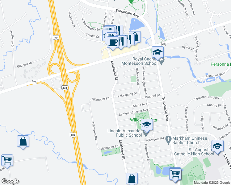map of restaurants, bars, coffee shops, grocery stores, and more near 52 Lakespring Drive in Markham