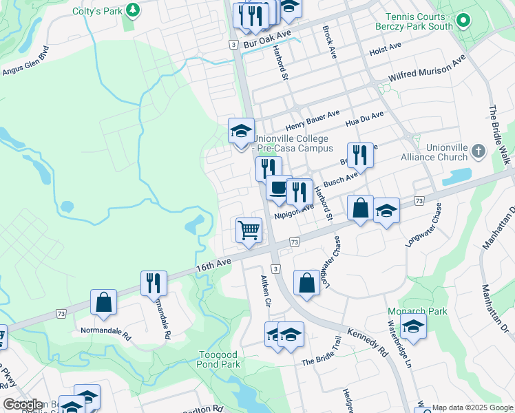 map of restaurants, bars, coffee shops, grocery stores, and more near 9332 Kennedy Road in Markham