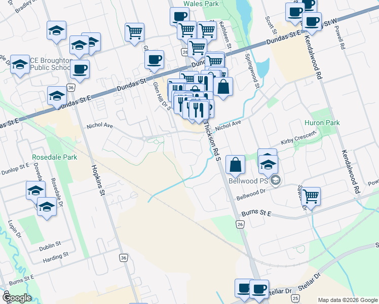 map of restaurants, bars, coffee shops, grocery stores, and more near Wood Drive in Whitby
