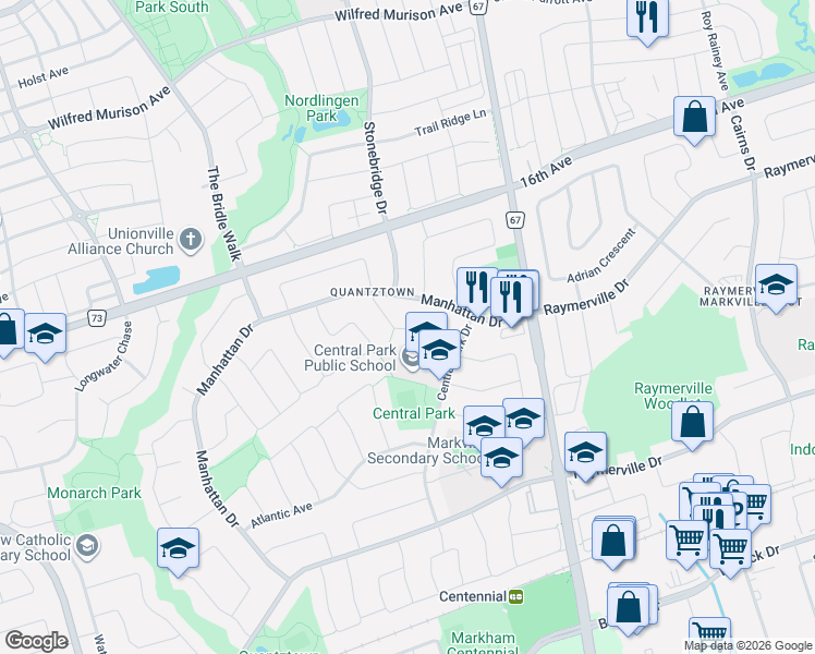 map of restaurants, bars, coffee shops, grocery stores, and more near 22 West Side Drive in Markham