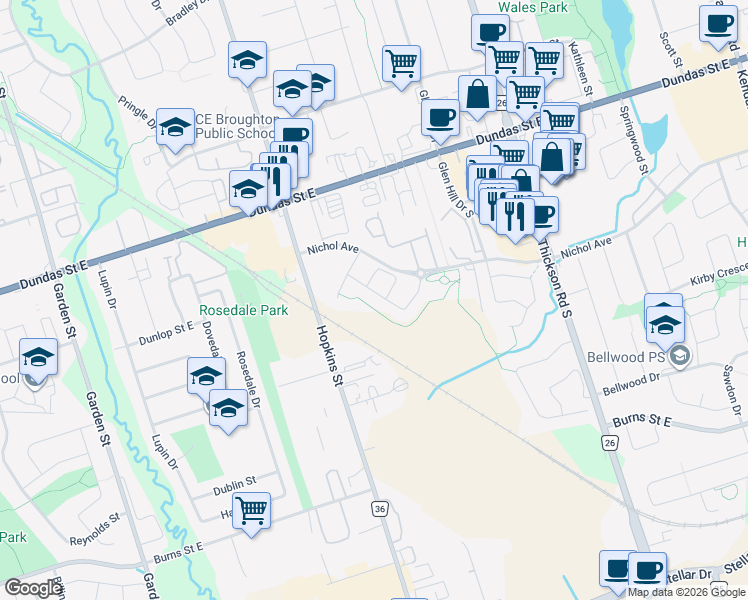 map of restaurants, bars, coffee shops, grocery stores, and more near 17 Adanac Drive in Whitby