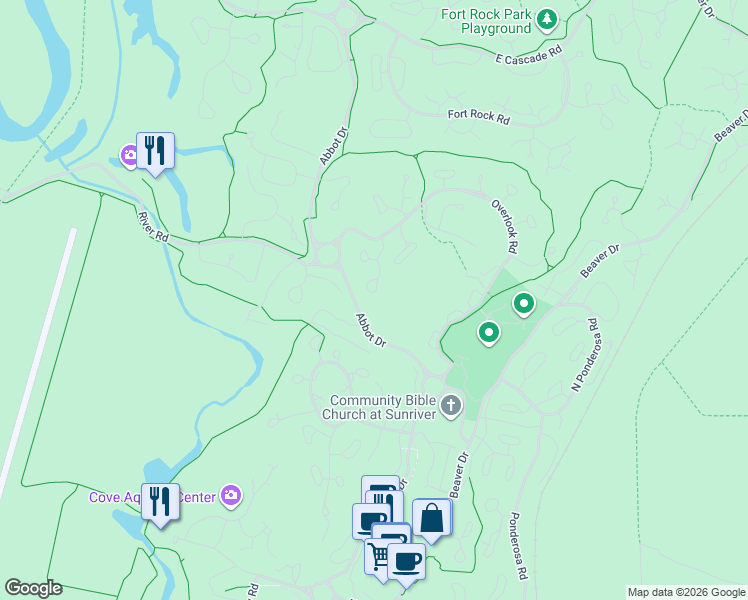 map of restaurants, bars, coffee shops, grocery stores, and more near 57300 Approach Lane in Sunriver