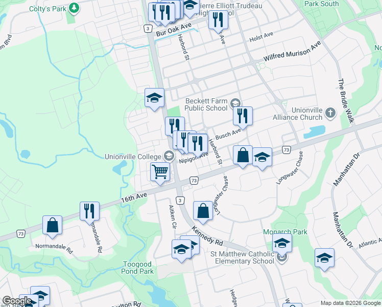 map of restaurants, bars, coffee shops, grocery stores, and more near 33 Jaffna Lane in Markham