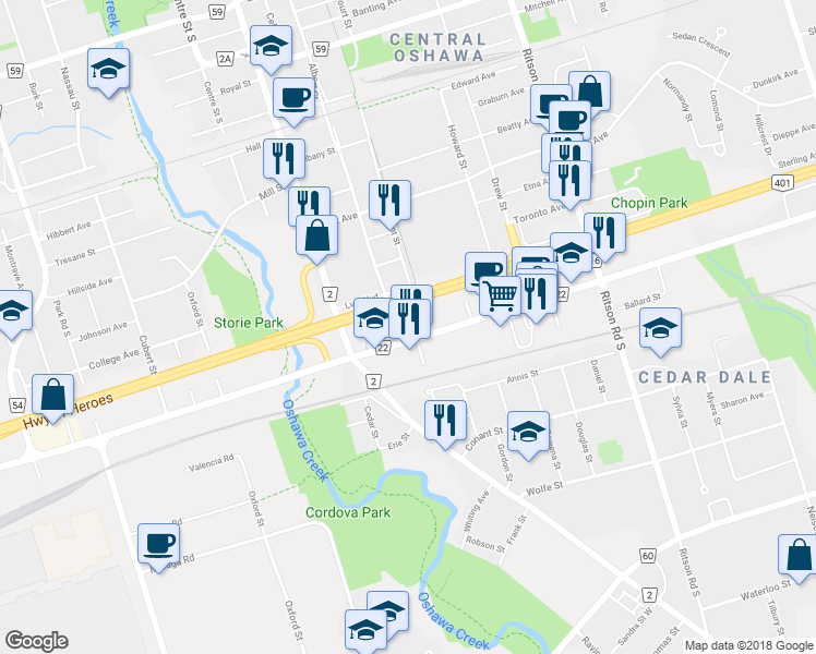 map of restaurants, bars, coffee shops, grocery stores, and more near in Oshawa
