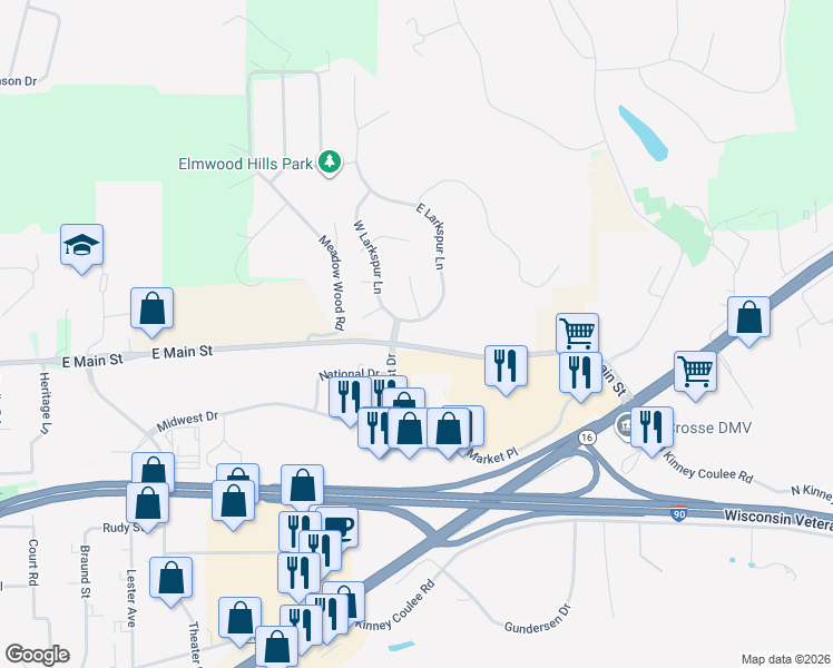 map of restaurants, bars, coffee shops, grocery stores, and more near 118 East Larkspur Lane in Onalaska