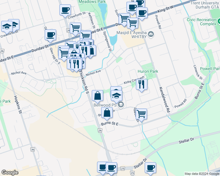 map of restaurants, bars, coffee shops, grocery stores, and more near 37 Kirby Crescent in Whitby