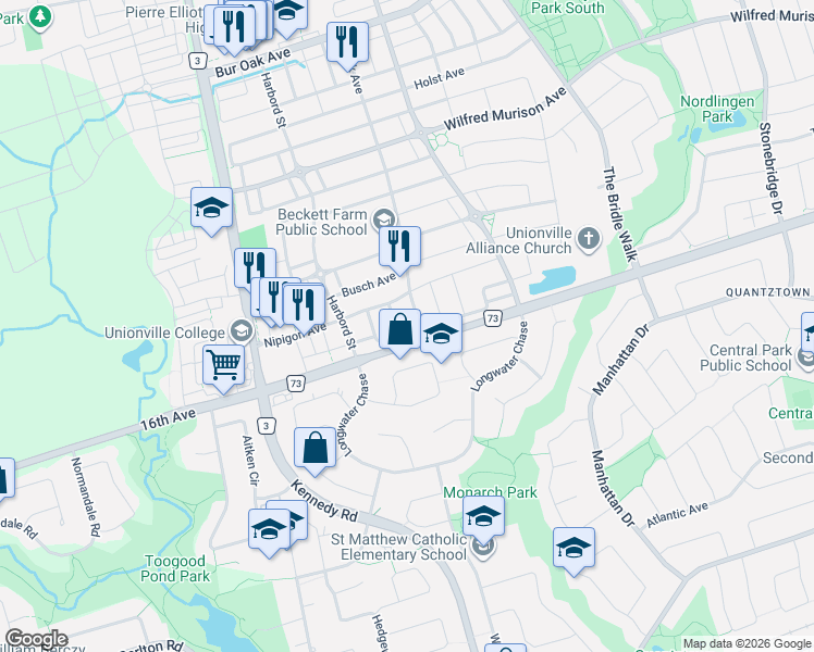 map of restaurants, bars, coffee shops, grocery stores, and more near 42 Christian Ritter Drive in Markham
