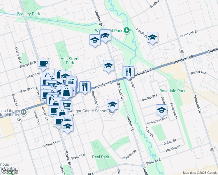 map of restaurants, bars, coffee shops, grocery stores, and more near 601 Dundas Street East in Whitby