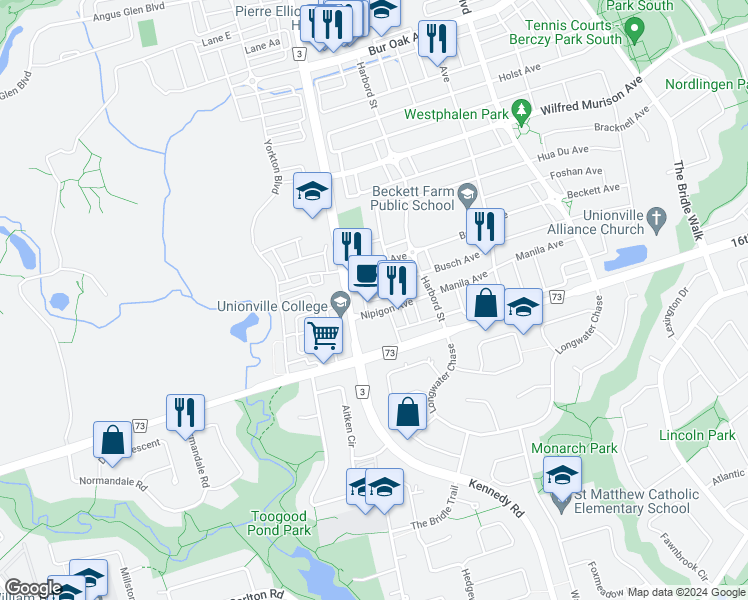 map of restaurants, bars, coffee shops, grocery stores, and more near Jaffna Lane in Markham