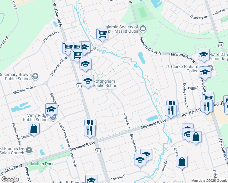 map of restaurants, bars, coffee shops, grocery stores, and more near 31 Seggar Avenue in Ajax