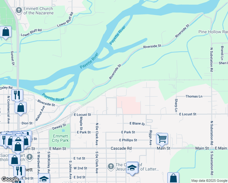 map of restaurants, bars, coffee shops, grocery stores, and more near 1024 Fernlee Street in Emmett