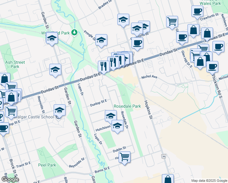 map of restaurants, bars, coffee shops, grocery stores, and more near in Whitby