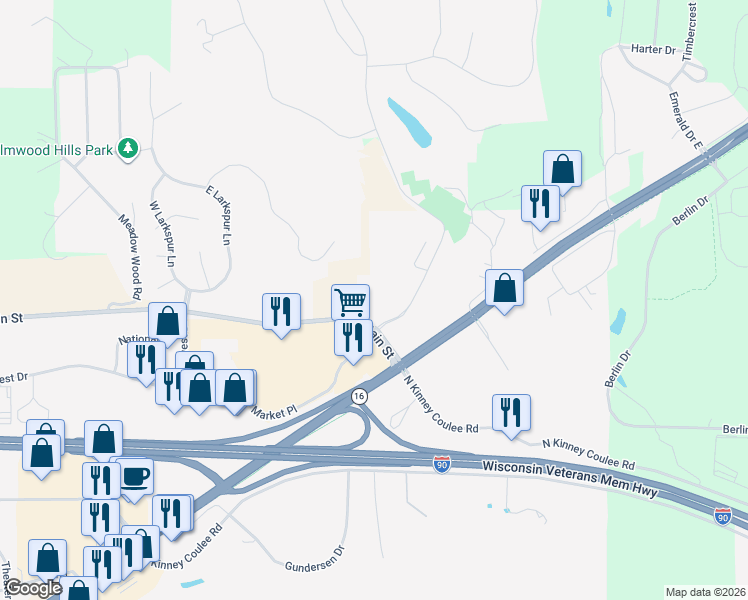 map of restaurants, bars, coffee shops, grocery stores, and more near 135 Marcou Road in Onalaska