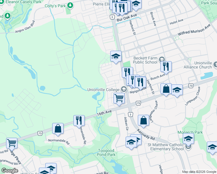 map of restaurants, bars, coffee shops, grocery stores, and more near 6 Royal Aberdeen Road in Markham