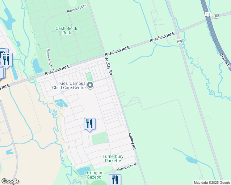 map of restaurants, bars, coffee shops, grocery stores, and more near 874 Audley Road in Ajax