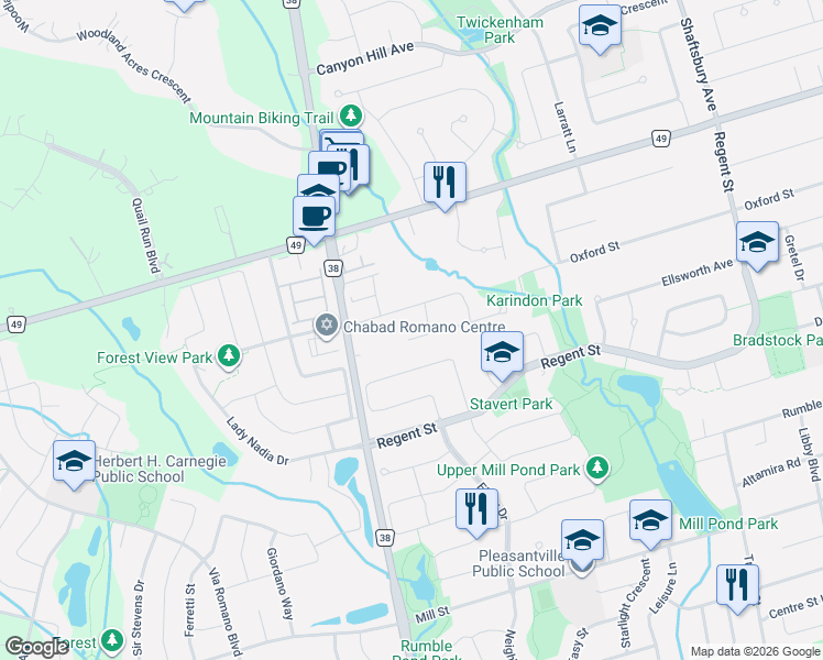 map of restaurants, bars, coffee shops, grocery stores, and more near 18 Direzze Court in Richmond Hill