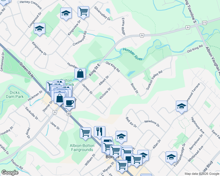 map of restaurants, bars, coffee shops, grocery stores, and more near Victoria Street in Caledon