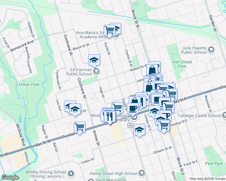map of restaurants, bars, coffee shops, grocery stores, and more near 233 Palace Street in Whitby