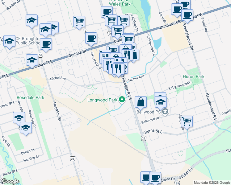 map of restaurants, bars, coffee shops, grocery stores, and more near 37 Wood Drive in Whitby