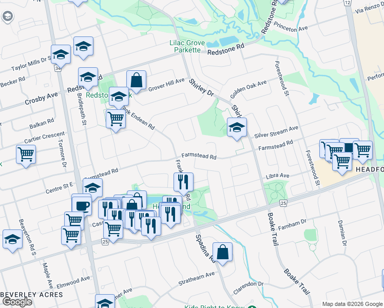 map of restaurants, bars, coffee shops, grocery stores, and more near Farmstead Road in Richmond Hill