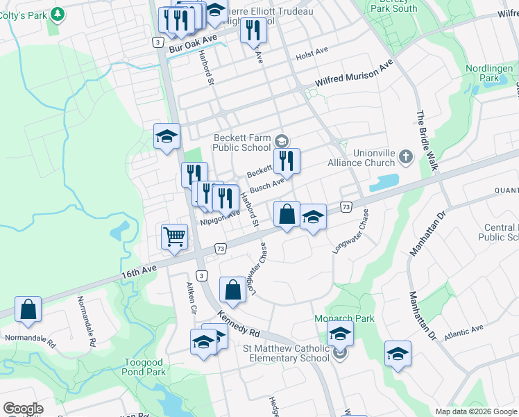 map of restaurants, bars, coffee shops, grocery stores, and more near 5 Manila Avenue in Markham