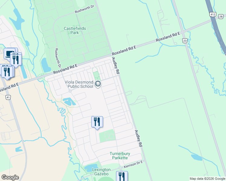 map of restaurants, bars, coffee shops, grocery stores, and more near 17 Gaskin Street in Ajax