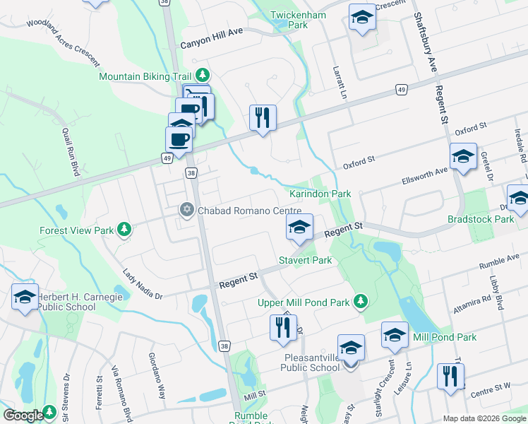 map of restaurants, bars, coffee shops, grocery stores, and more near 20 Direzze Court in Richmond Hill