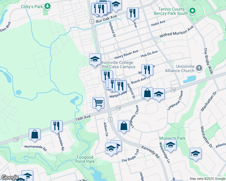 map of restaurants, bars, coffee shops, grocery stores, and more near 39 Cherna Avenue in Markham