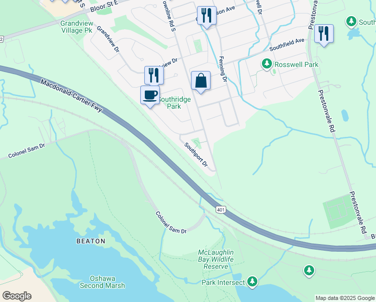 map of restaurants, bars, coffee shops, grocery stores, and more near 1006 Southport Drive in Oshawa