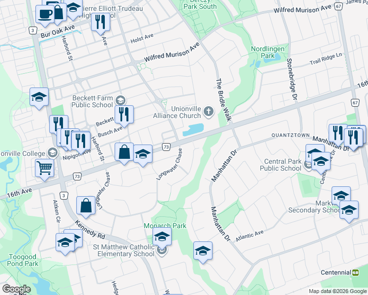 map of restaurants, bars, coffee shops, grocery stores, and more near 143 Longwater Chase in Markham