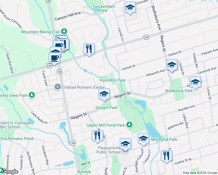 map of restaurants, bars, coffee shops, grocery stores, and more near 20 Bridewell Crescent in Richmond Hill