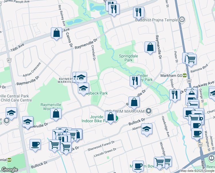 map of restaurants, bars, coffee shops, grocery stores, and more near 5 Hemlock Drive in Markham
