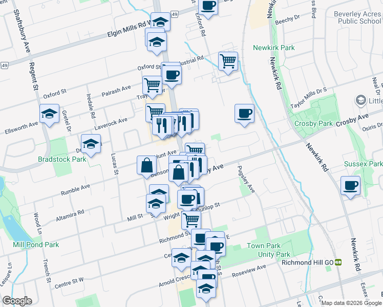 map of restaurants, bars, coffee shops, grocery stores, and more near 10375 Yonge Street in Richmond Hill