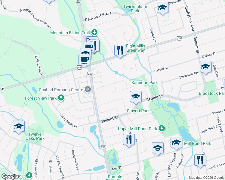 map of restaurants, bars, coffee shops, grocery stores, and more near 72 Baynards Lane in Richmond Hill