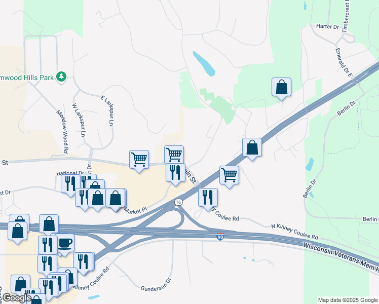 map of restaurants, bars, coffee shops, grocery stores, and more near 135 Marcou Road in Onalaska