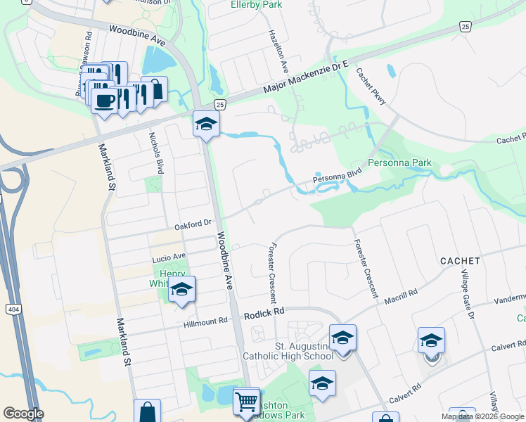 map of restaurants, bars, coffee shops, grocery stores, and more near 9 Personna Boulevard in Markham