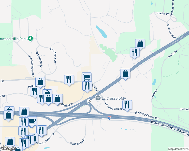 map of restaurants, bars, coffee shops, grocery stores, and more near 135 Marcou Road in Onalaska