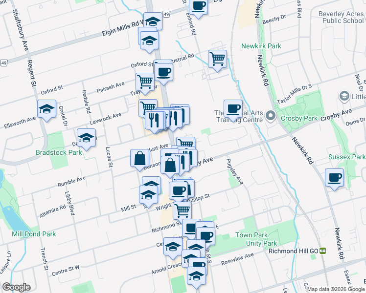 map of restaurants, bars, coffee shops, grocery stores, and more near 10415 Yonge Street in Richmond Hill
