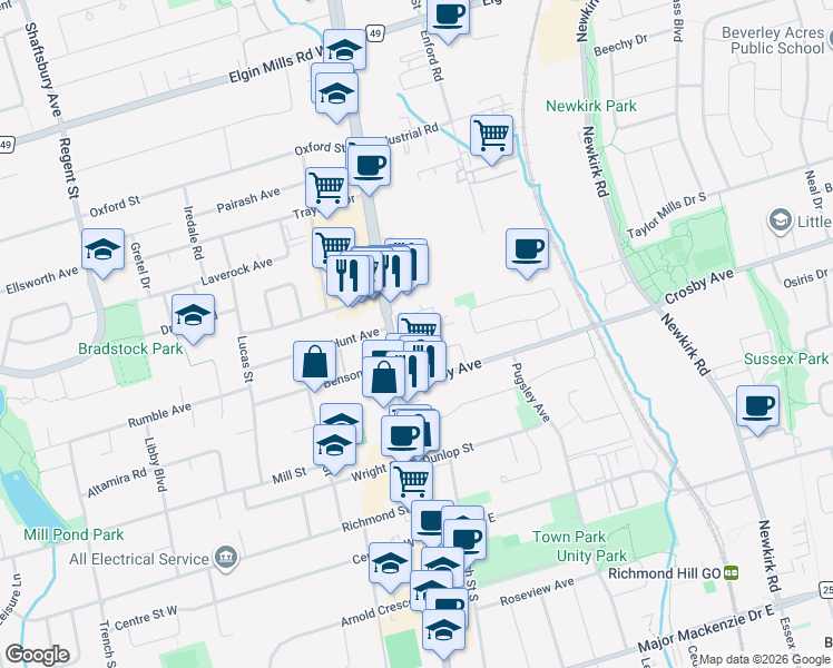 map of restaurants, bars, coffee shops, grocery stores, and more near 10415 Yonge Street in Richmond Hill