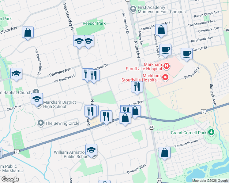map of restaurants, bars, coffee shops, grocery stores, and more near 61 Rose Way in Markham