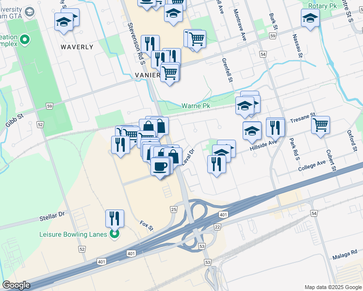 map of restaurants, bars, coffee shops, grocery stores, and more near in Oshawa