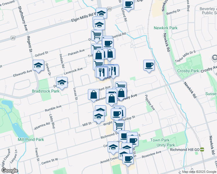 map of restaurants, bars, coffee shops, grocery stores, and more near Hunt Avenue in Richmond Hill