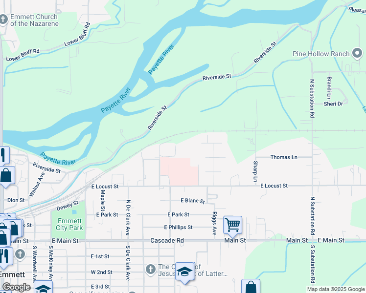 map of restaurants, bars, coffee shops, grocery stores, and more near 1202 East Locust Street in Emmett