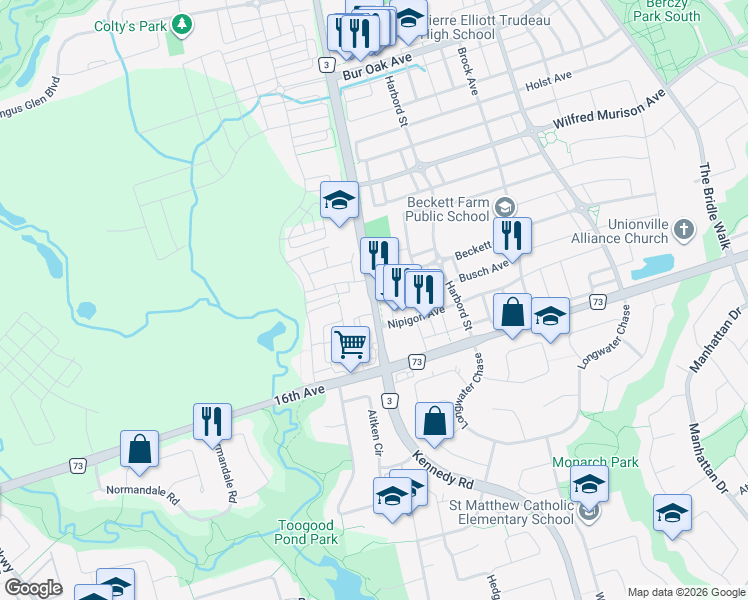 map of restaurants, bars, coffee shops, grocery stores, and more near Kennedy Road in Markham